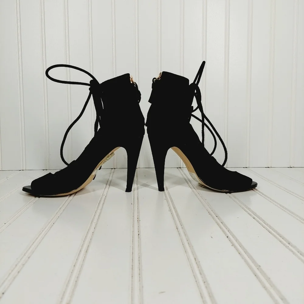 Saks Fifth Avenue Naylee Black Suede Tie Up Sandals Stiletto Heels I418